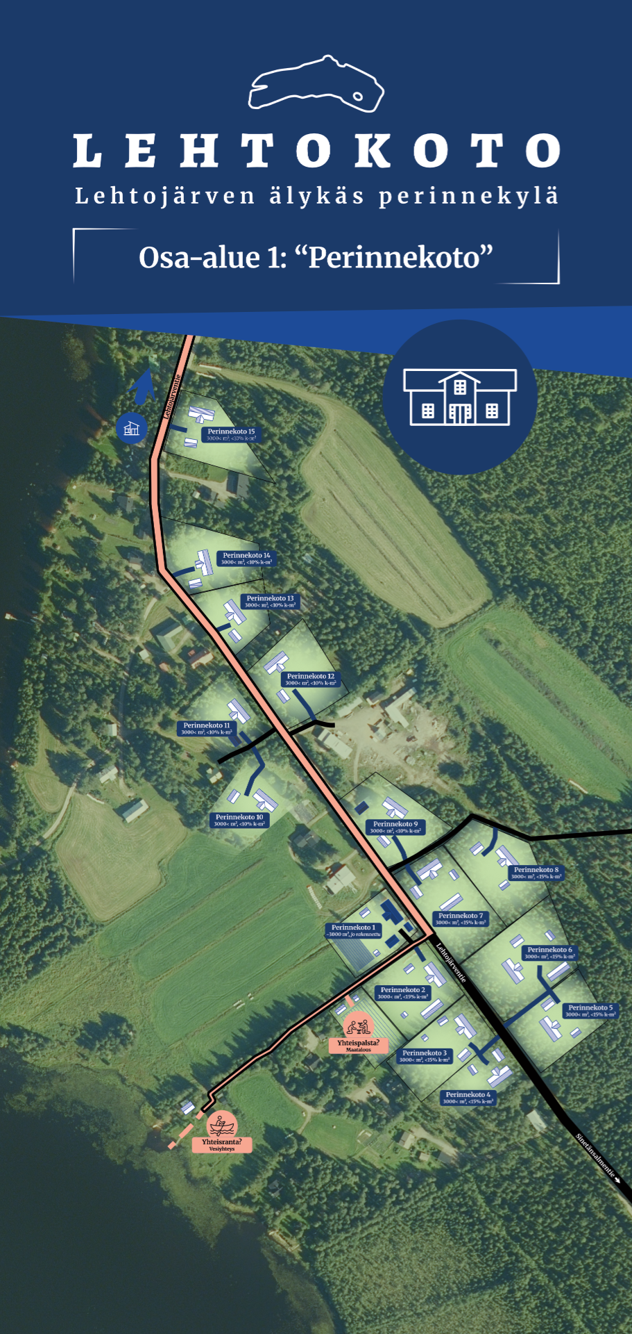 Ilmakuva Lehtokoto-alueesta, jossa tonttien kaavaillut rajat.